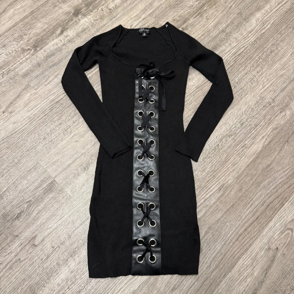 Say What Black Ribbed Knit Lace Up Faux Leather Bodycon Mini Dress Womens Medium